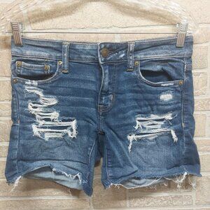 American Eagle Dark Wash distressed jean midi shorts Next level stretch Size 0